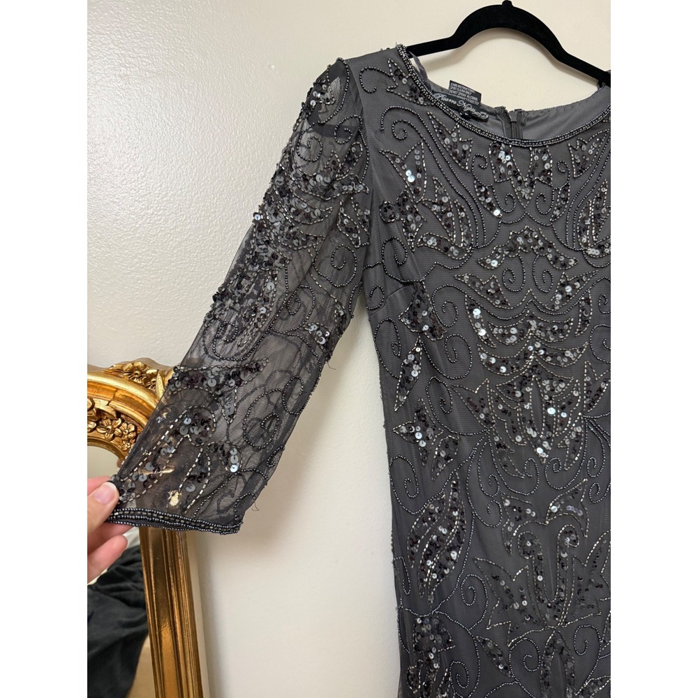 Pisarro Nights Gray Beaded Sequin Gown 3/4 Sleeve Formal Maxi Dress - Picture 3 of 14